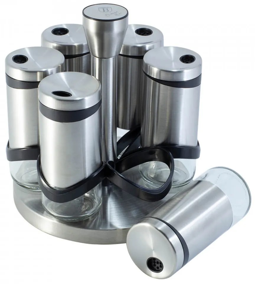 Set 6 recipiente pentru condimente 120 ml si suport rotativ din otel inoxidabil Spiceholders Berlinger Haus BH 1991