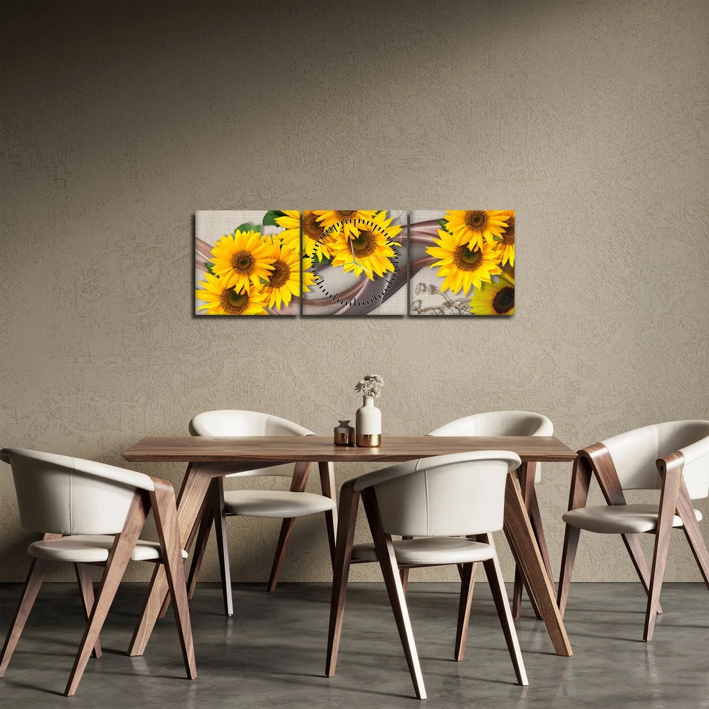 Tablou - Flori strălucitoare de floare soarelui (cu ceas) (90x30 cm)