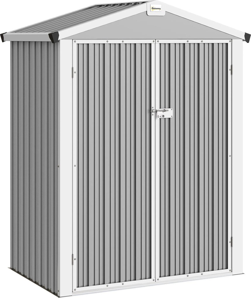 Outsunny Magazie de Grădină 1.1m² din Oțel Zincat, Magazie cu Porți Duble Largi Blocabile, Acoperiș Înclinat, Mănuși, Spațiu pentru Unelte, 133x87x178 cm, Gri Argintiu | Aosom Romania