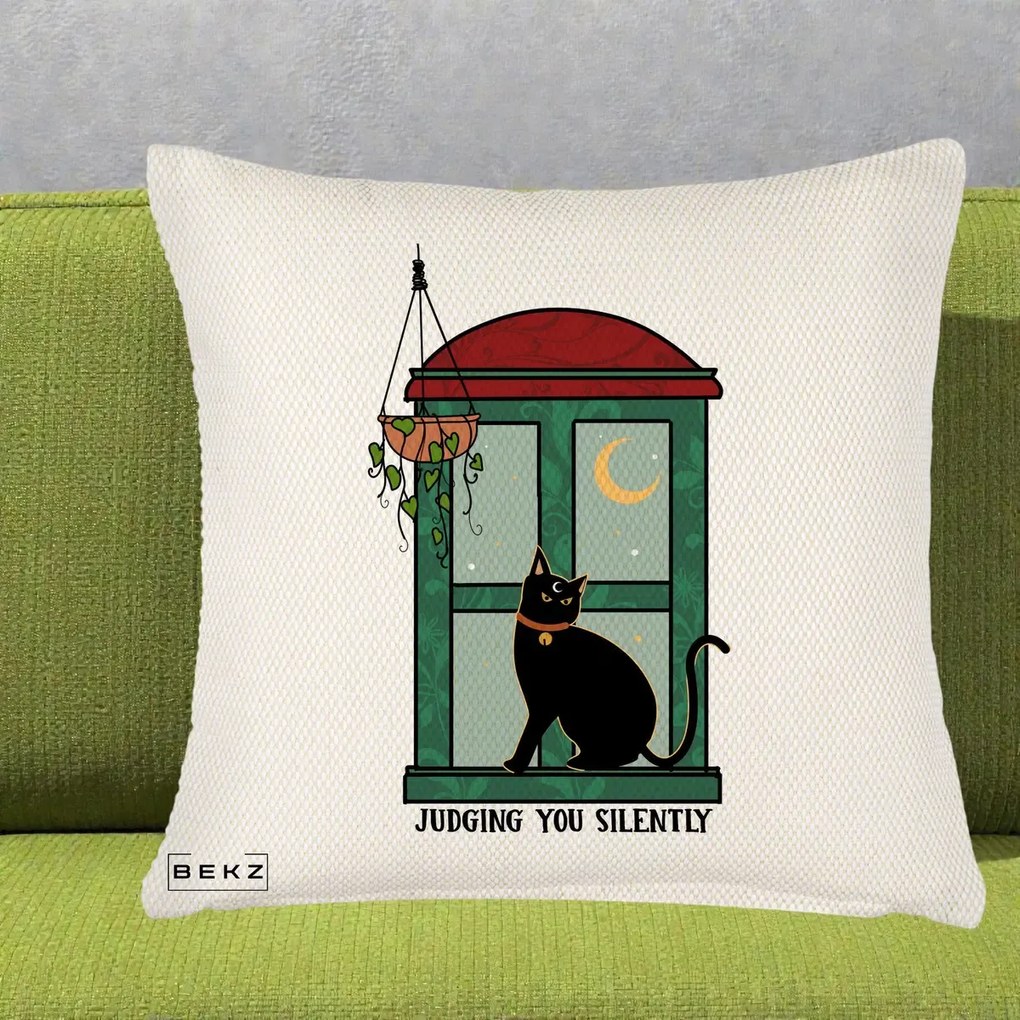 Perna Decorativa Judging You Silently Pisica Geam, 40x40 cm, Crem Reliefat, Husa Detasabila, Perna Inclusa, BEKZ®