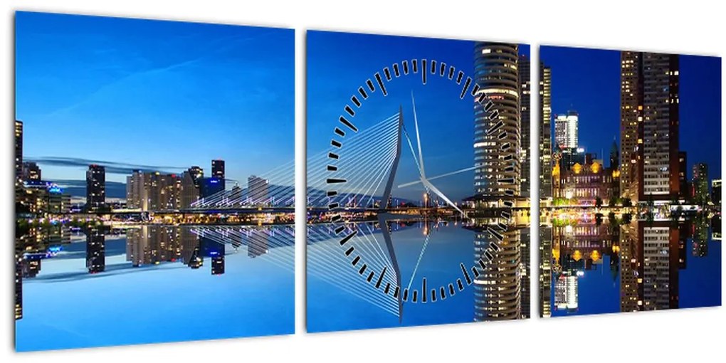 Tablou - Rotterdam nocturn (cu ceas) (90x30 cm)