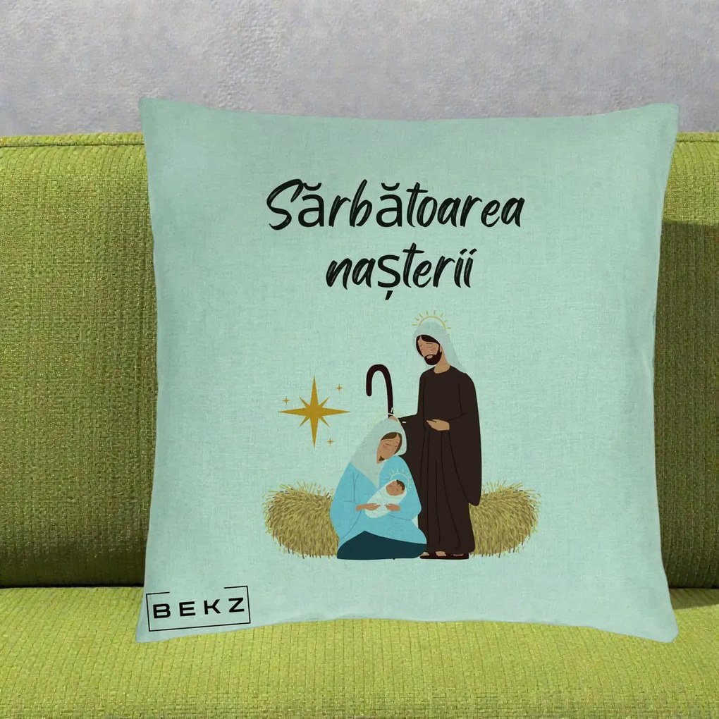 Perna Decorativa Nasterea Domnului Sfanta Familie Sarbatoarea Nasterii, 40x40 cm, Verde Menta, Husa Detasabila, Perna Inclusa, BEKZ®