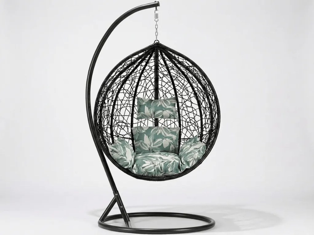 Scaun negru suspendat KOKON cu suport, perna verde-alb