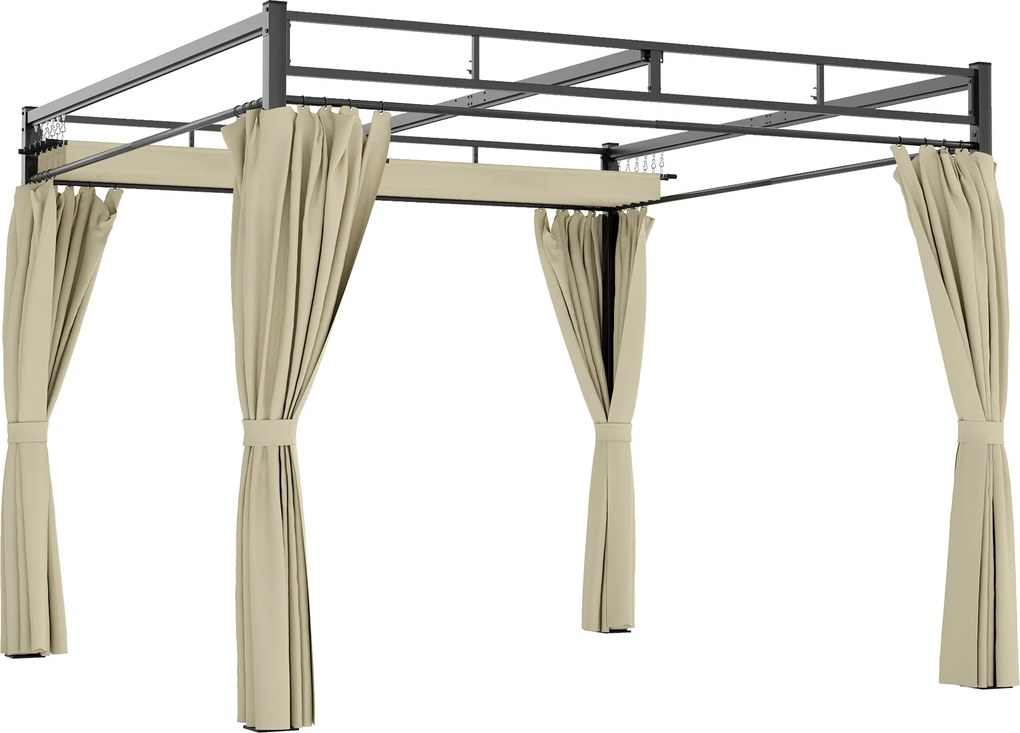 Outsunny Pergolă de Grădină 3x3 m cu Acoperiș Retractabil și Perdele Protecție UV30+ Structură Metalică pentru Patio Terasă Bej | Aosom Romania