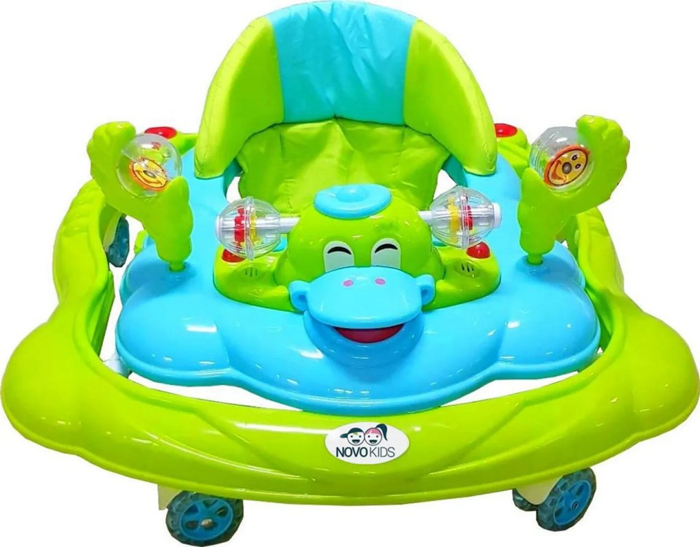 Premergator Reglabil in 3 Trepte NOVOKIDS™ Happy Duck , cu roti din silicon, Ratusca, Pliabil, 8 Roti, Cu Melodii, Verde Turquoise