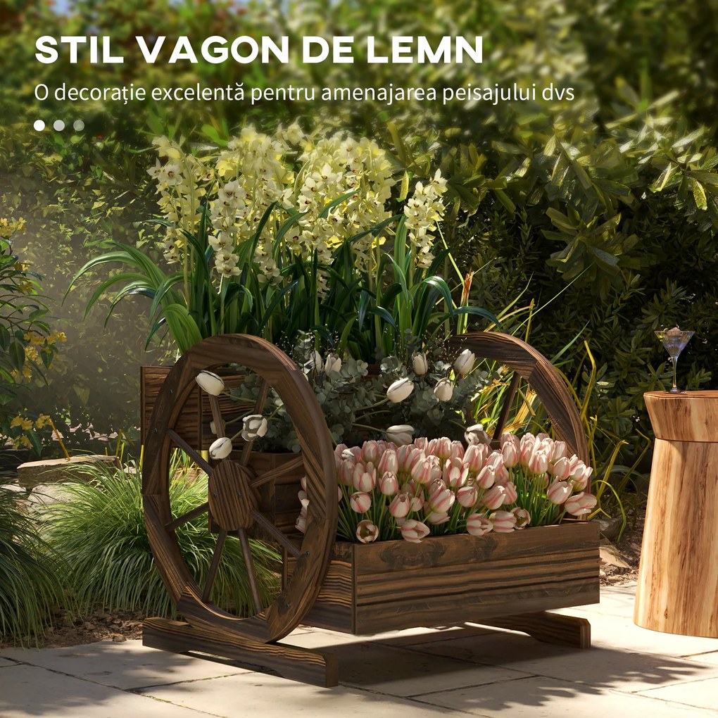Outsunny Jardinieră de Exterior cu 3 Niveluri și Roți Decorative, din Lemn de Brad cu Orificii de Drenaj, pentru Legume și Flori, pentru Balcon sau Terasă, 62x61x57 cm, Carbonizat | Aosom Romania