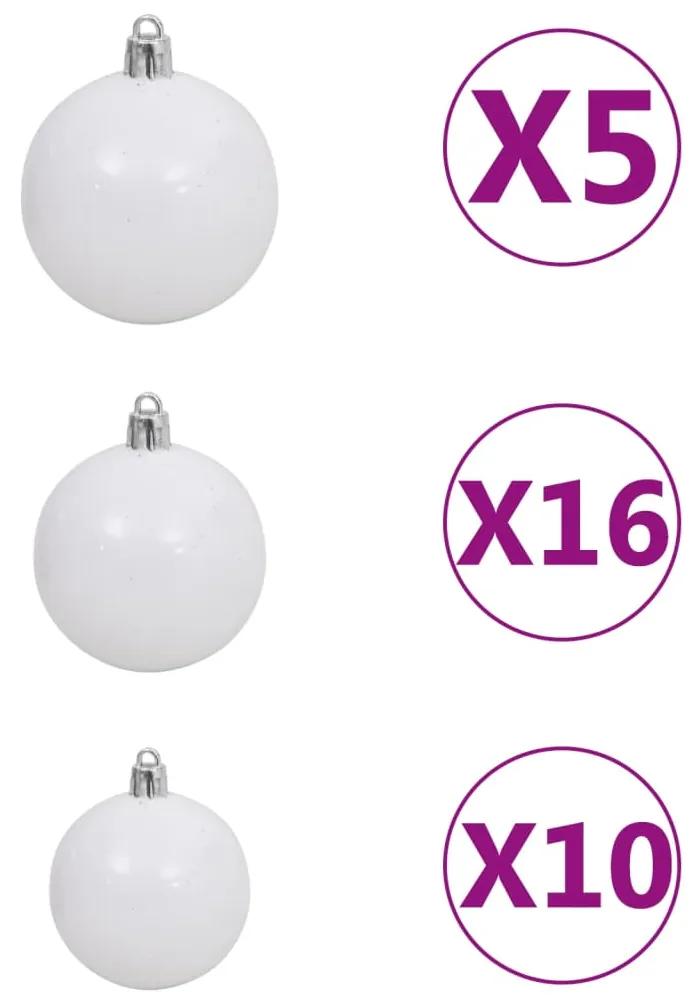 Set brad de Craciun artificial cu LED-uri globuri conuri 210 cm 1, Alb si gri, 210 cm