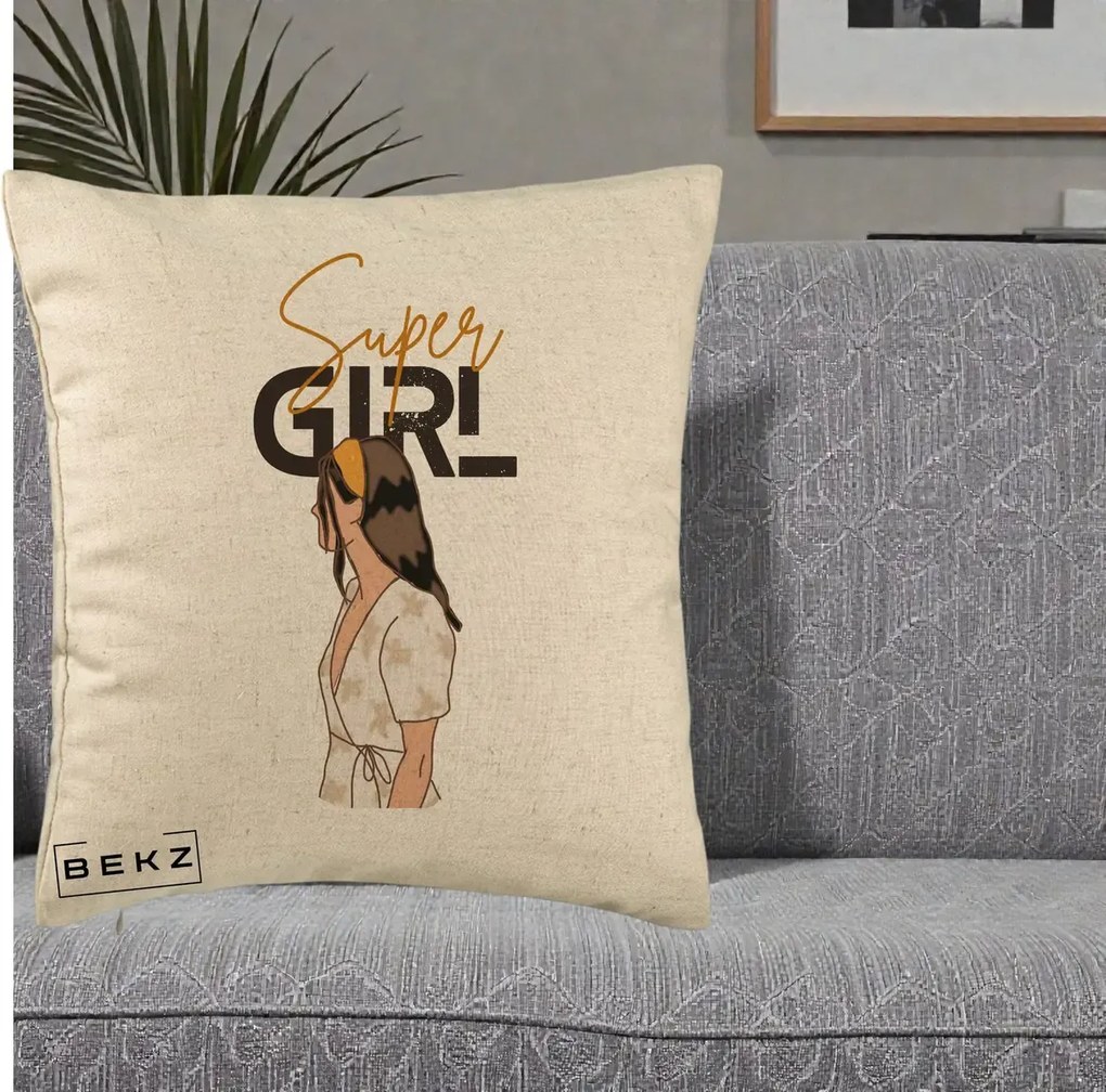 Perna Decorativa Super Girl Aesthetic, 40x40 cm, Bej, Husa Detasabila, Perna Inclusa, BEKZ®