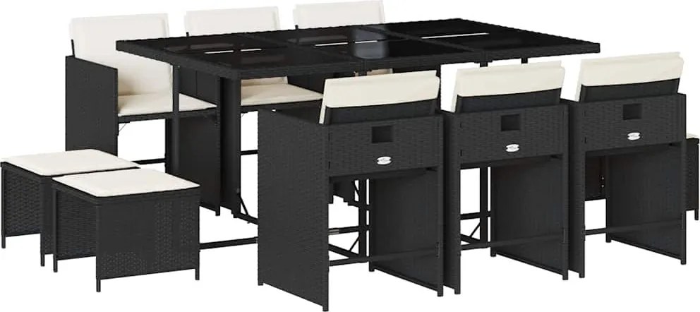 vidaXL Set mobilier de exterior cu perne, 11 piese, negru, poliratan