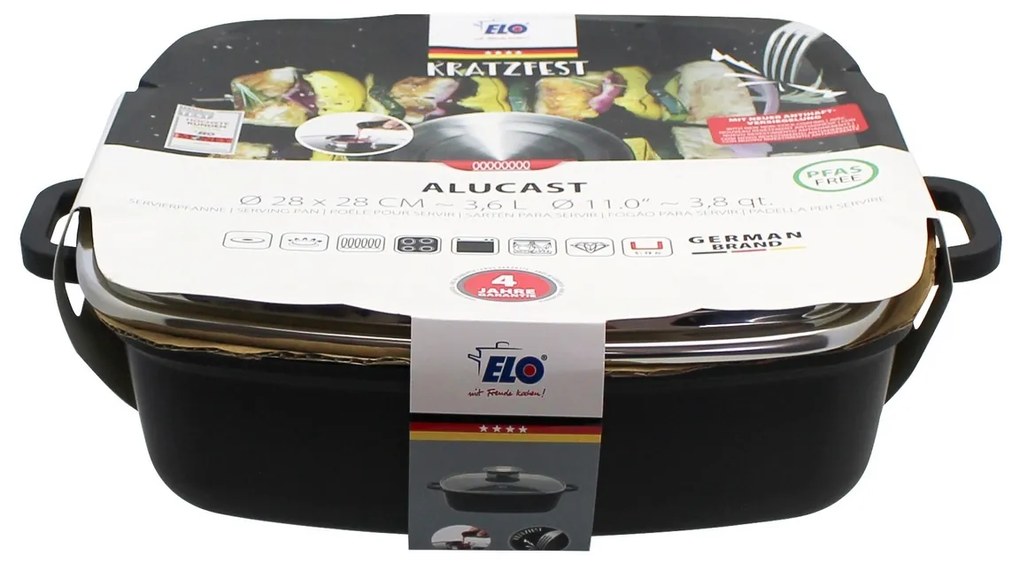 Elo 19658 Tavă de copt cu capac din sticlă și mâner cu aromă Alucast 28 x 28 cm