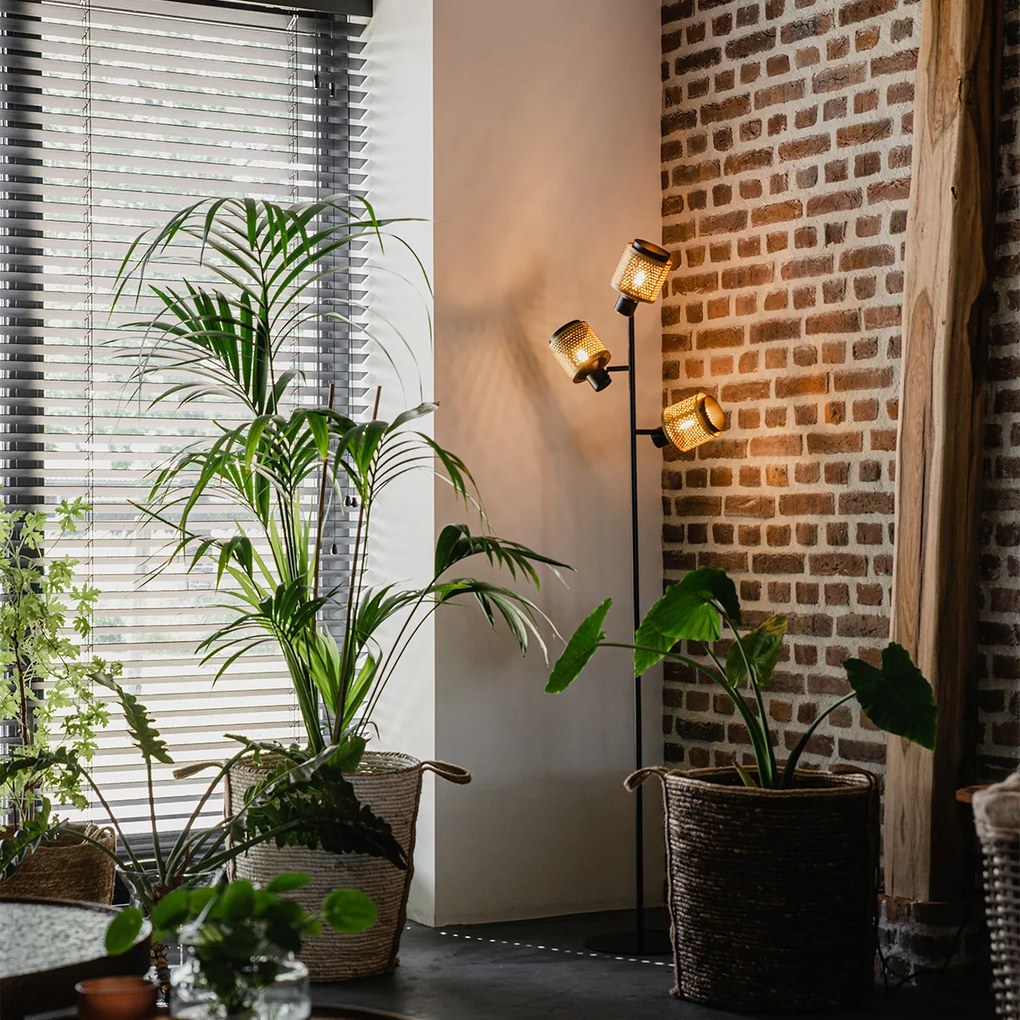 Lampă de podea industrială neagră cu auriu cu 3 lumini - Kayden