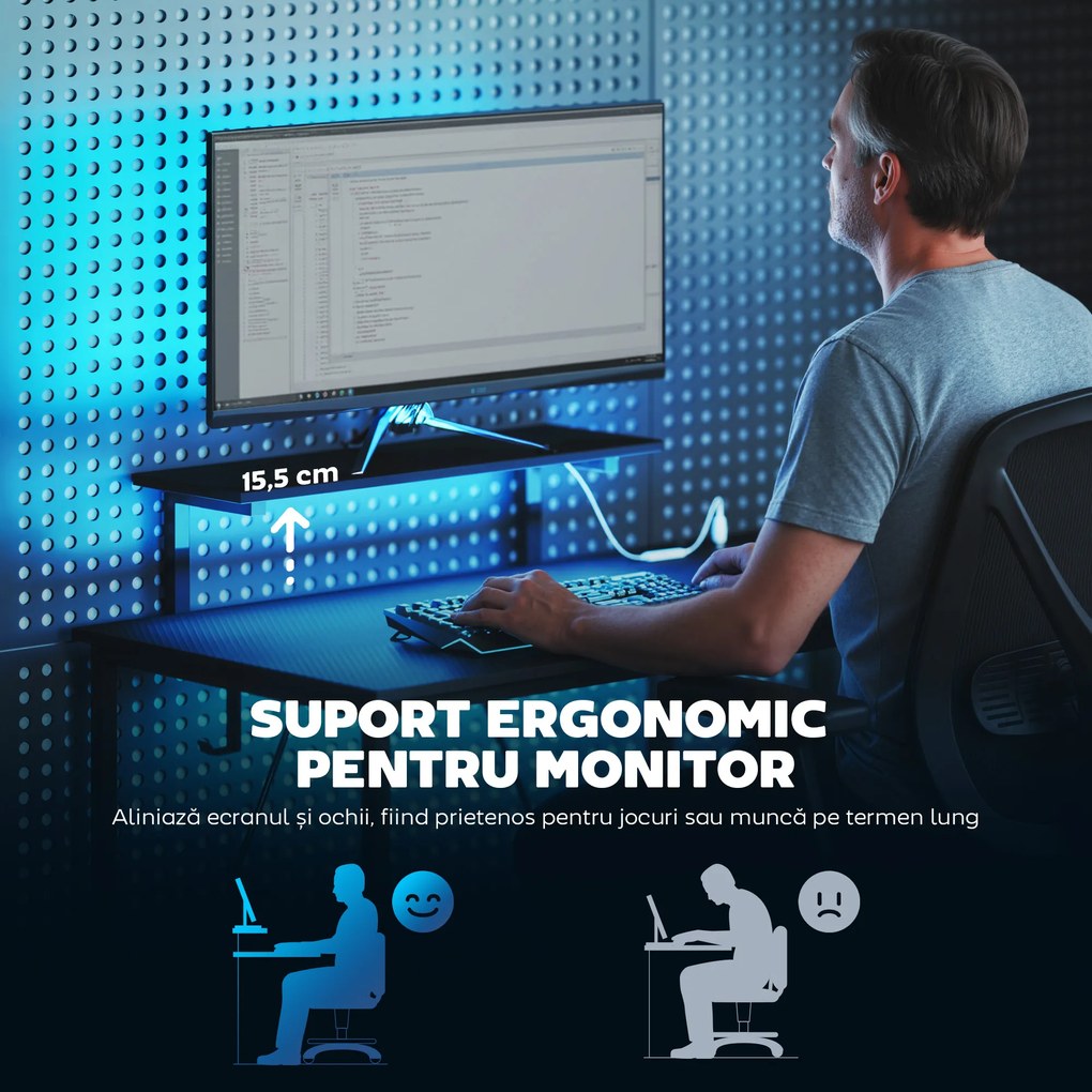 HOMCOM Birou Gaming Reversibil în L cu LED, 114,5x82 cm Birou Colțar cu Prize Electrice, Suport pentru Monitor și Rafturi Reglabile din Rețea, Stație Gaming pentru Acasă, Birou sau Studiu, Negru | Aosom Romania