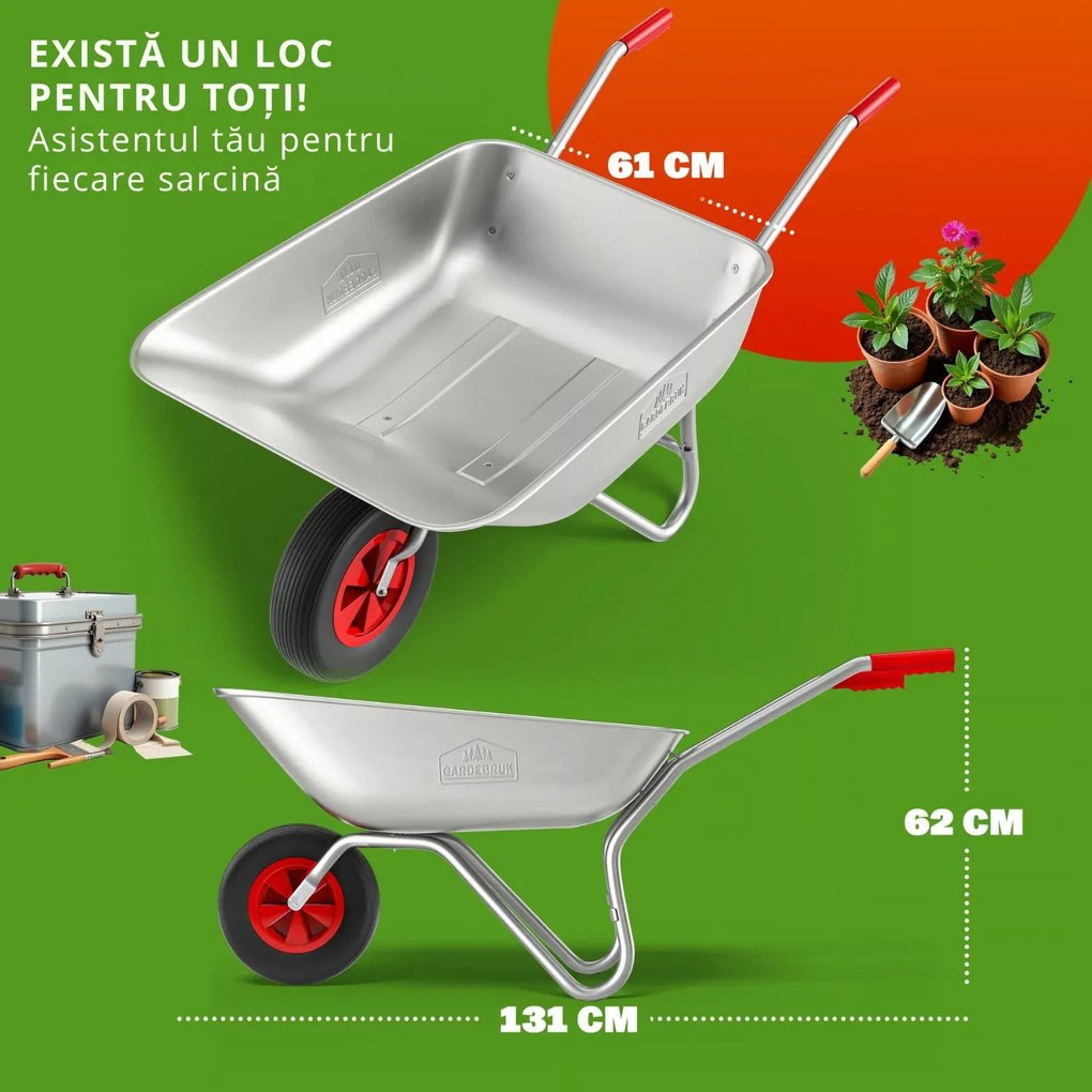 Roabă LARRY zincată, capacitate max. 80l/100kg, argintiu/negru Gardebruk