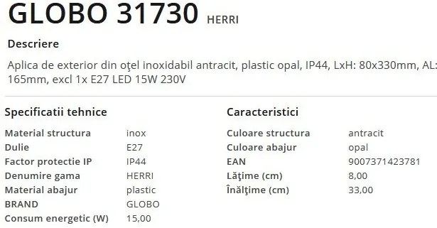 Aplica de perete pentru iluminat exterior IP44 Herri antracit