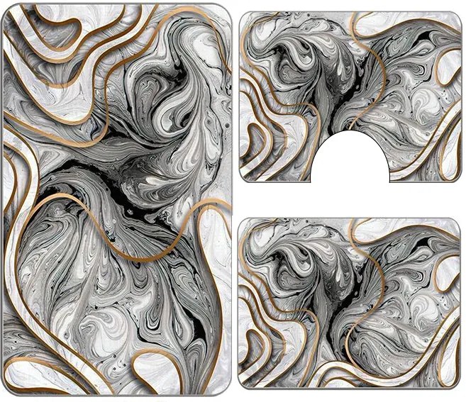 Set covoare baie antiderapante, 3 piese, model abstract gri cu accente aurii