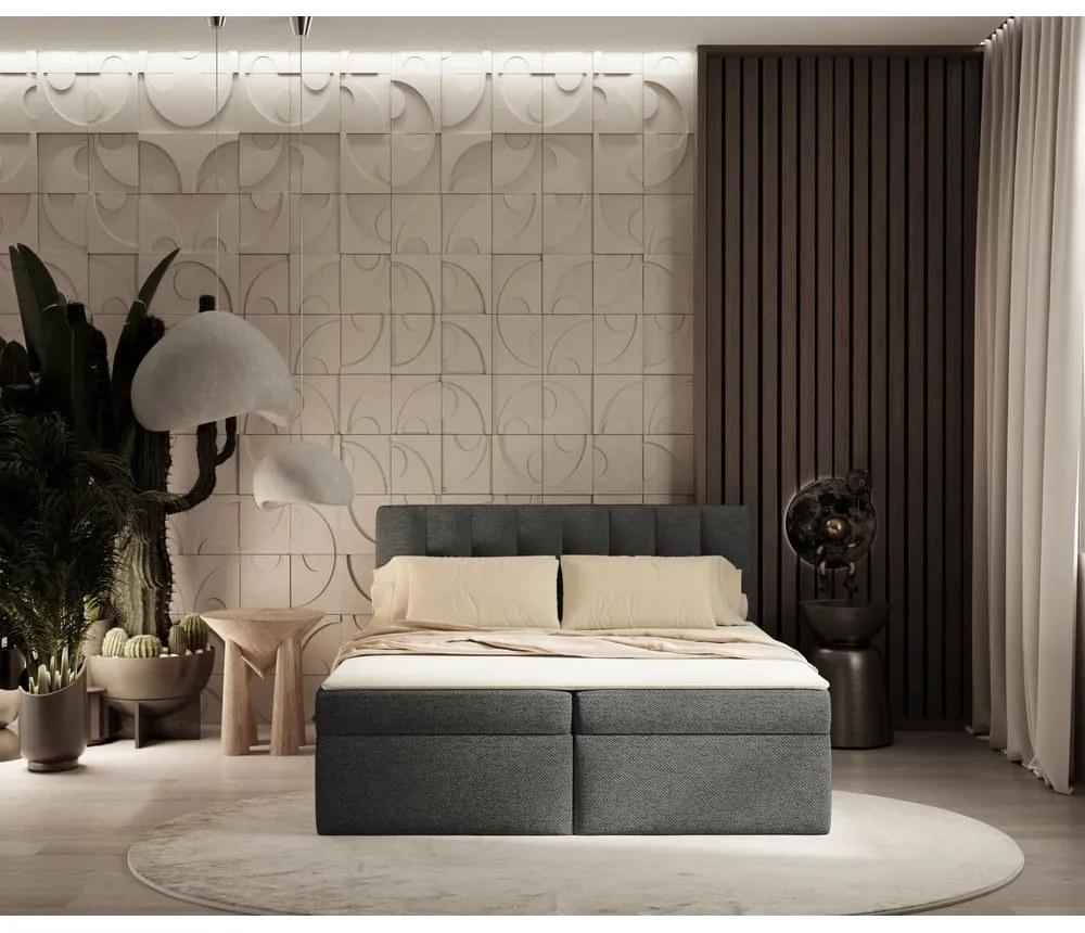Pat boxspring gri închis cu spațiu de depozitare 160x200 cm Novento – Maison de Rêve