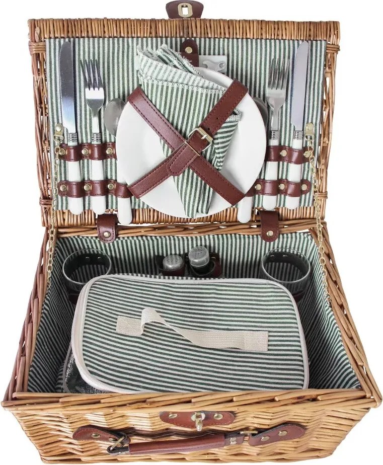 Coș de picnic mic din răchită împletită cu căptușeală în dungi verzi, pentru 4 persoane, „Vendela Small Green"