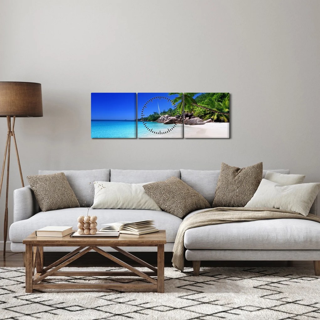 Tablou cu plaja pe insula Praslin (cu ceas) (90x30 cm)