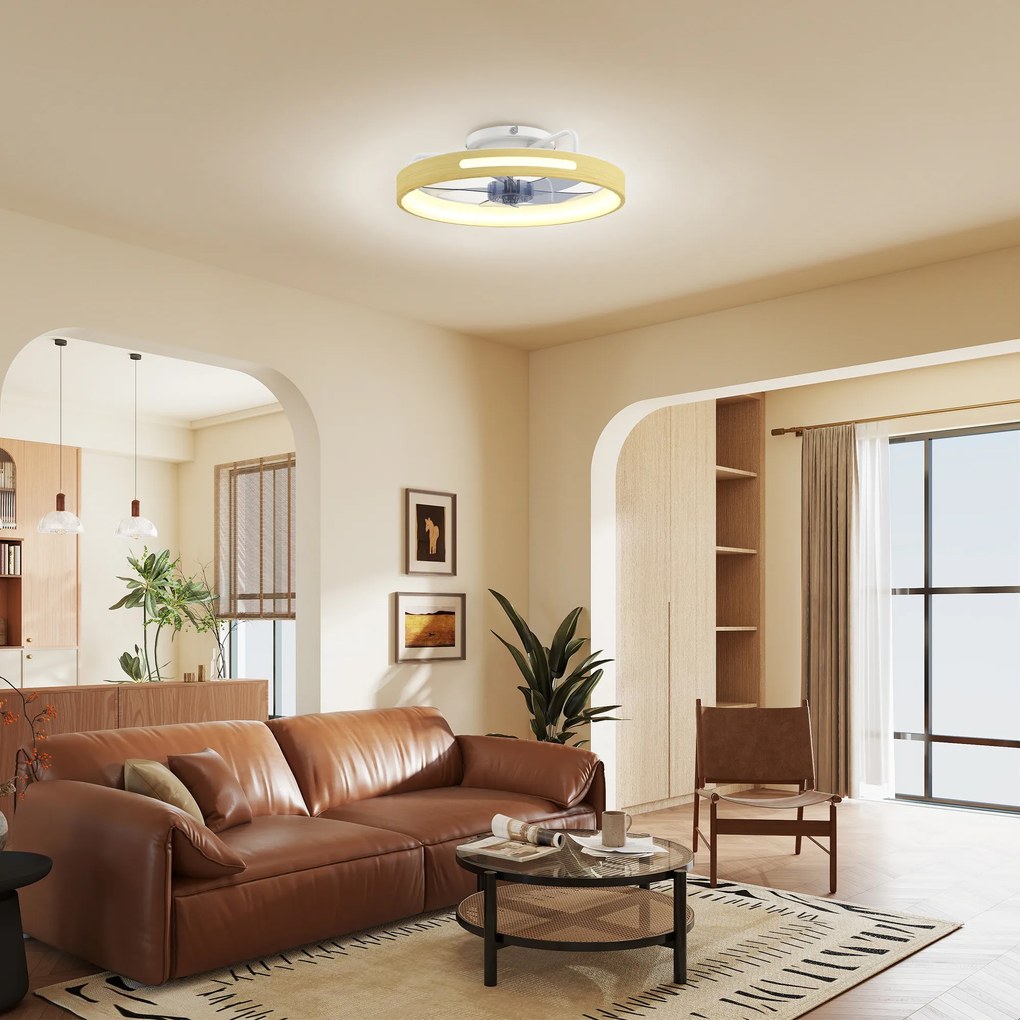 HOMCOM Ventilator de tavan cu lumină LED 40 W Motor DC reversibil Telecomandă 6 viteze 3 culori Temporizator Lemn Natural | Aosom Romania