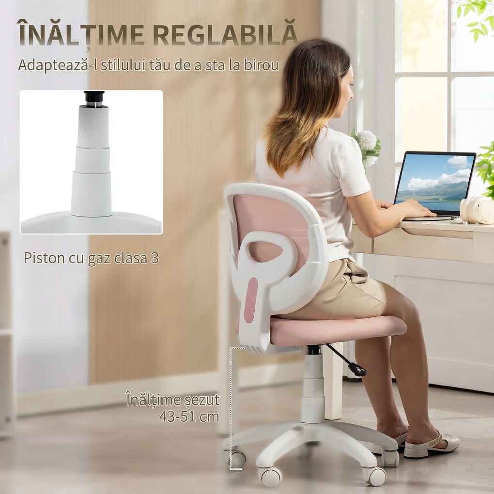 HOMCOM Scaun de Birou Ergonomic Rotativ din Material Tip Plasă Respirabil Fără Brațe, Înălțime Reglabilă, Roz | Aosom Romania