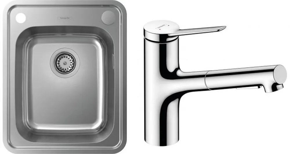 Set chiuveta din otel Hansgrohe S41 43334800, baterie bucătărie Hansgrohe Zesis M33 74800000