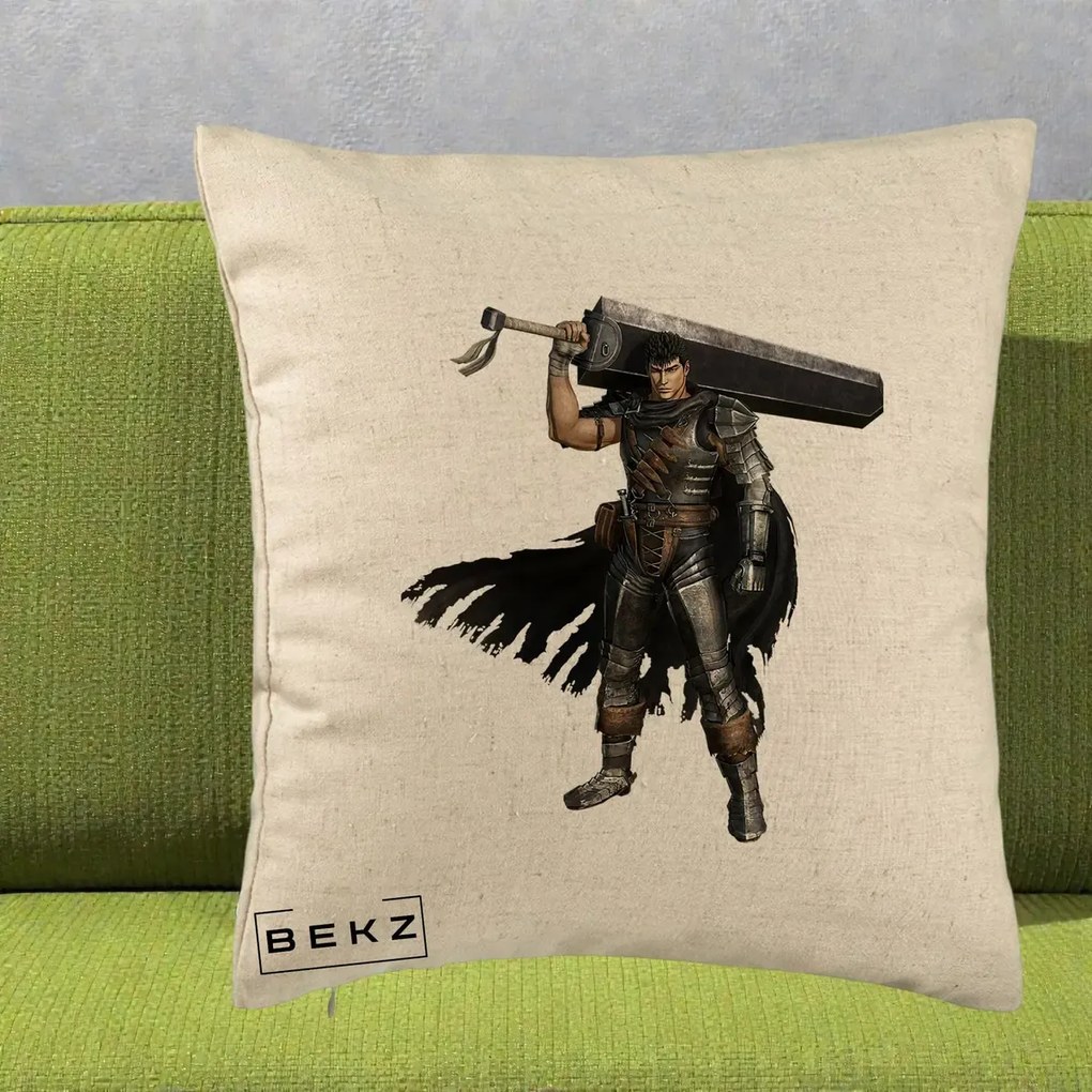 Perna Personalizata Berserk Guts Luptatorul Negru, 40x40 cm, Bej, Husa Detasabila, Perna Inclusa, BEKZ®
