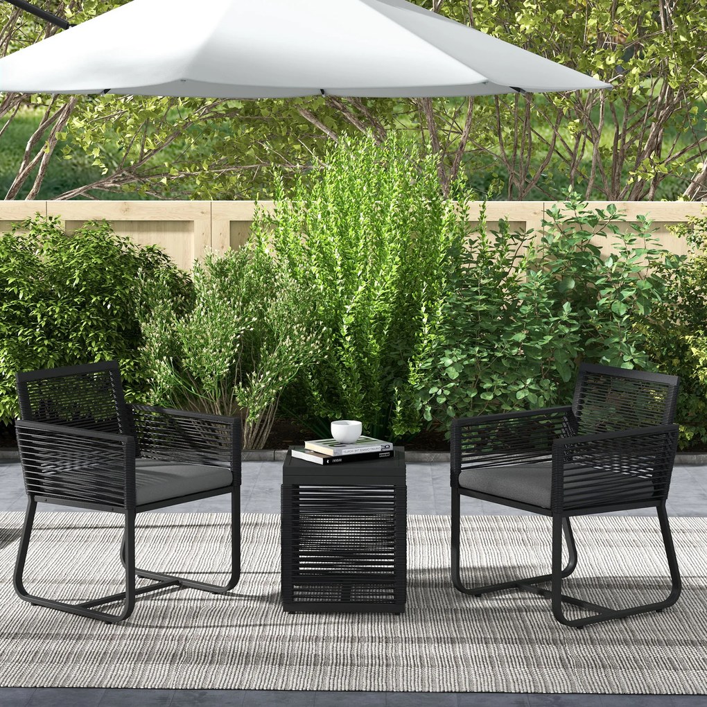 Outsunny Set de Mobilier de Grădină din 3 Piese din Ratan, Set cu Masă din Sticlă Securizată și Perne Moi, 53x57x77 cm, Negru | Aosom Romania