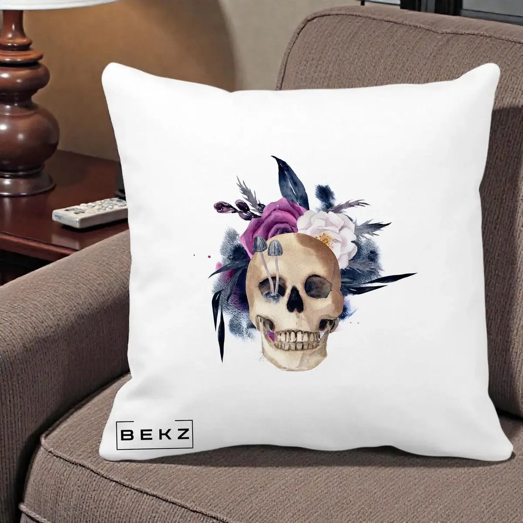 Perna Decorativa Craniu Floral cu Trandafiri si Ciuperci, 40x40 cm, Alba Mata, Husa Detasabila, Perna Inclusa, BEKZ®