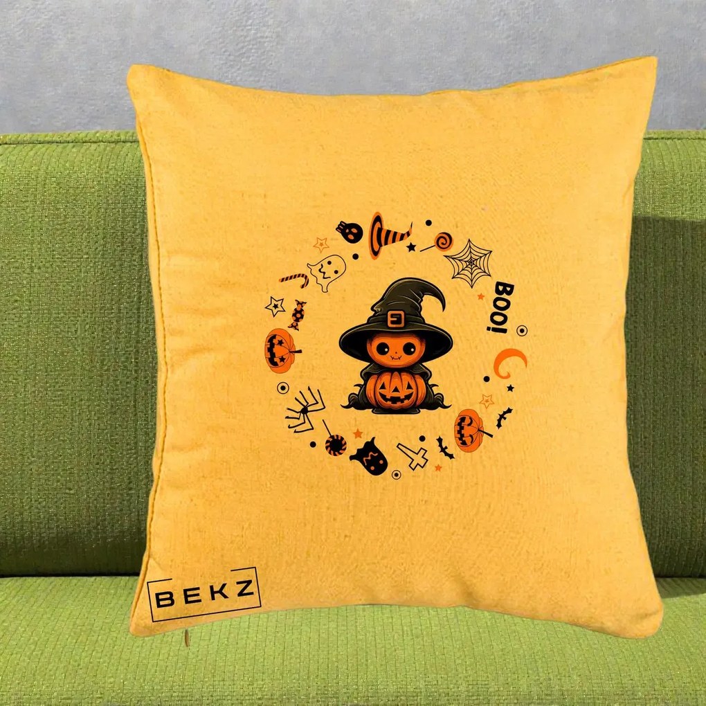Perna Decorativa Halloween Dovleac Vrajitor Boo cu Simboluri, 40x40 cm, Galben, Husa Detasabila, Perna Inclusa, BEKZ®