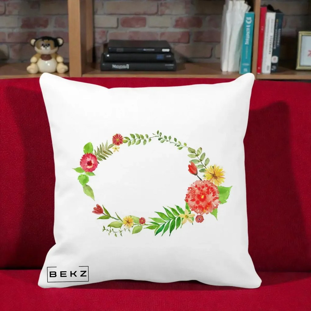 Perna Decorativa Coroana Florala Acuarela, 40x40 cm, Alba Mata, Husa Detasabila, Perna Inclusa, BEKZ®