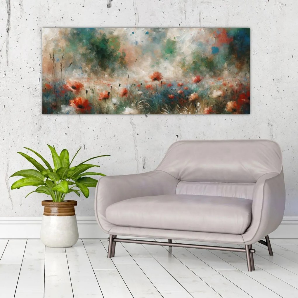 Tablou – Abstracție de câmp cu maci (120x50 cm)