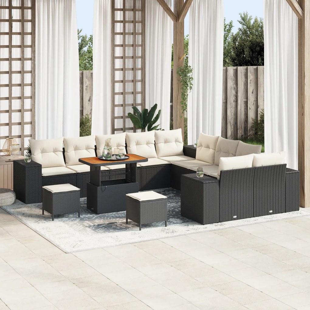 vidaXL Set de canapea pentru grădină , 13 piese, cu perne, negru, din ratan sintetic, acacia.