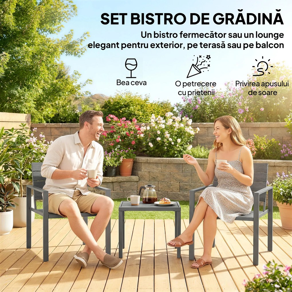 Outsunny Set Bistro Grădină 3 Piese pentru 2 Persoane, Masă și Scaune de Exterior cu Cadru Metalic, Mobilier din Plastic pentru Terasă | Aosom Romania