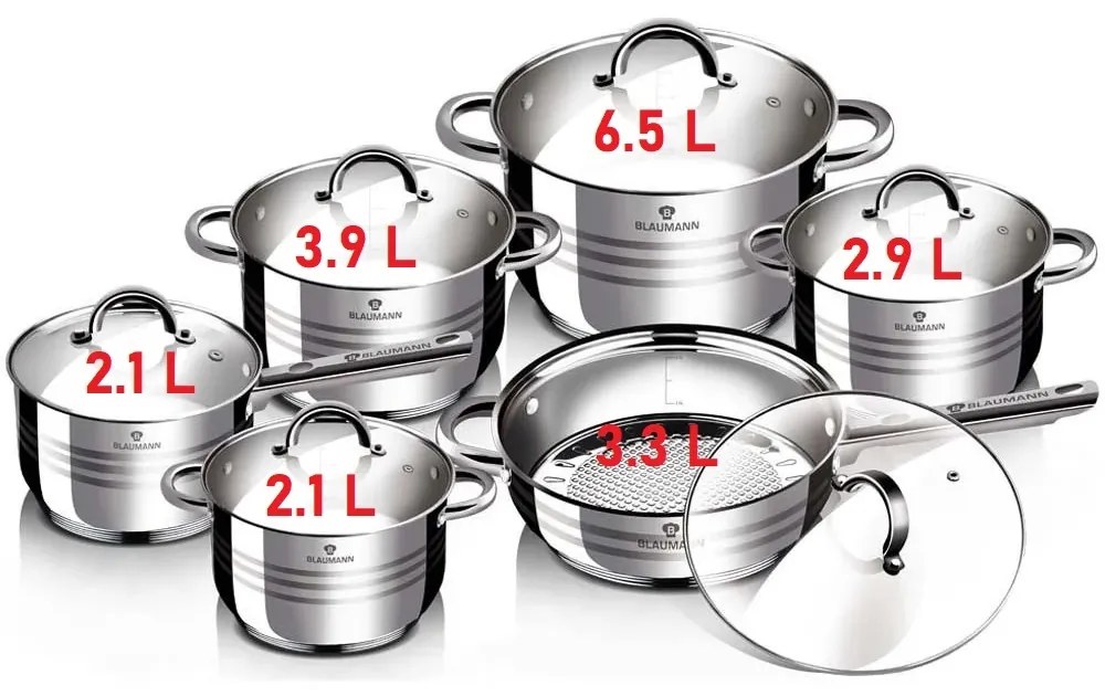 Set oale si tigaie inox 12 piese cu capace de sticla, de calitate, gatire sanatoasa, Gourmet Line Blaumann BL 1410