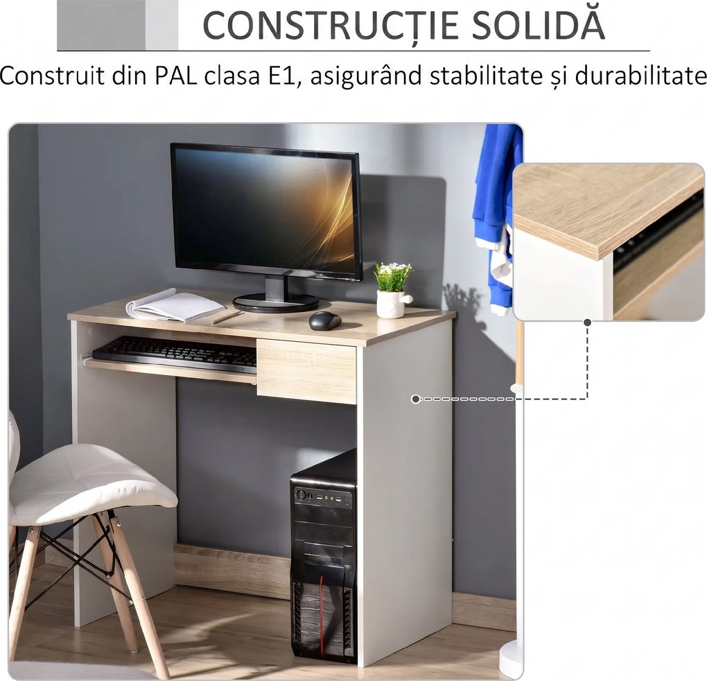 HOMCOM Birou pentru Dormitor, PC din Lemn, Blat Tastatură, Design Compact, Alb și Stejar, Ideal pentru Spații Mici | Aosom Romania
