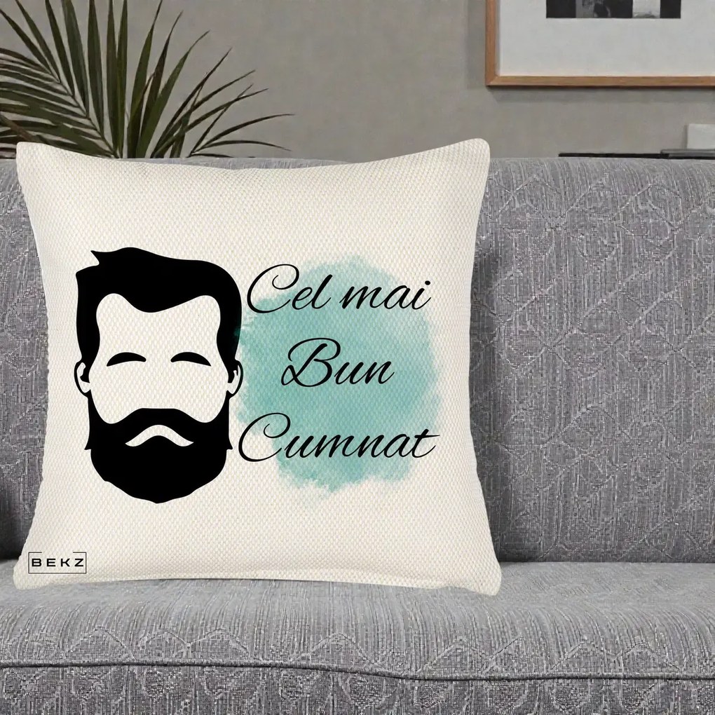 Cadou pentru Cumnat - Perna Personalizata Cel mai Bun Cumnat cu Portret Barbat si Pete Teal, 40x40 cm, Crem Reliefat, Husa Detasabila, Perna Inclusa, BEKZ®