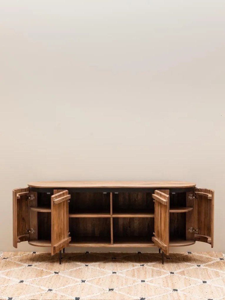Bufet din lemn de mango, maro, cu 4 uși din lame verticale și picioare din metal negru, finisaj natural, 77 x 170 x 48 cm, „Ainigma”