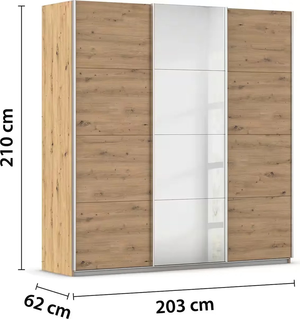 Dressing 203 cm lungime, 3 uși glisante, oglindă pe mijloc, culoare sonoma, 210 cm înălțime