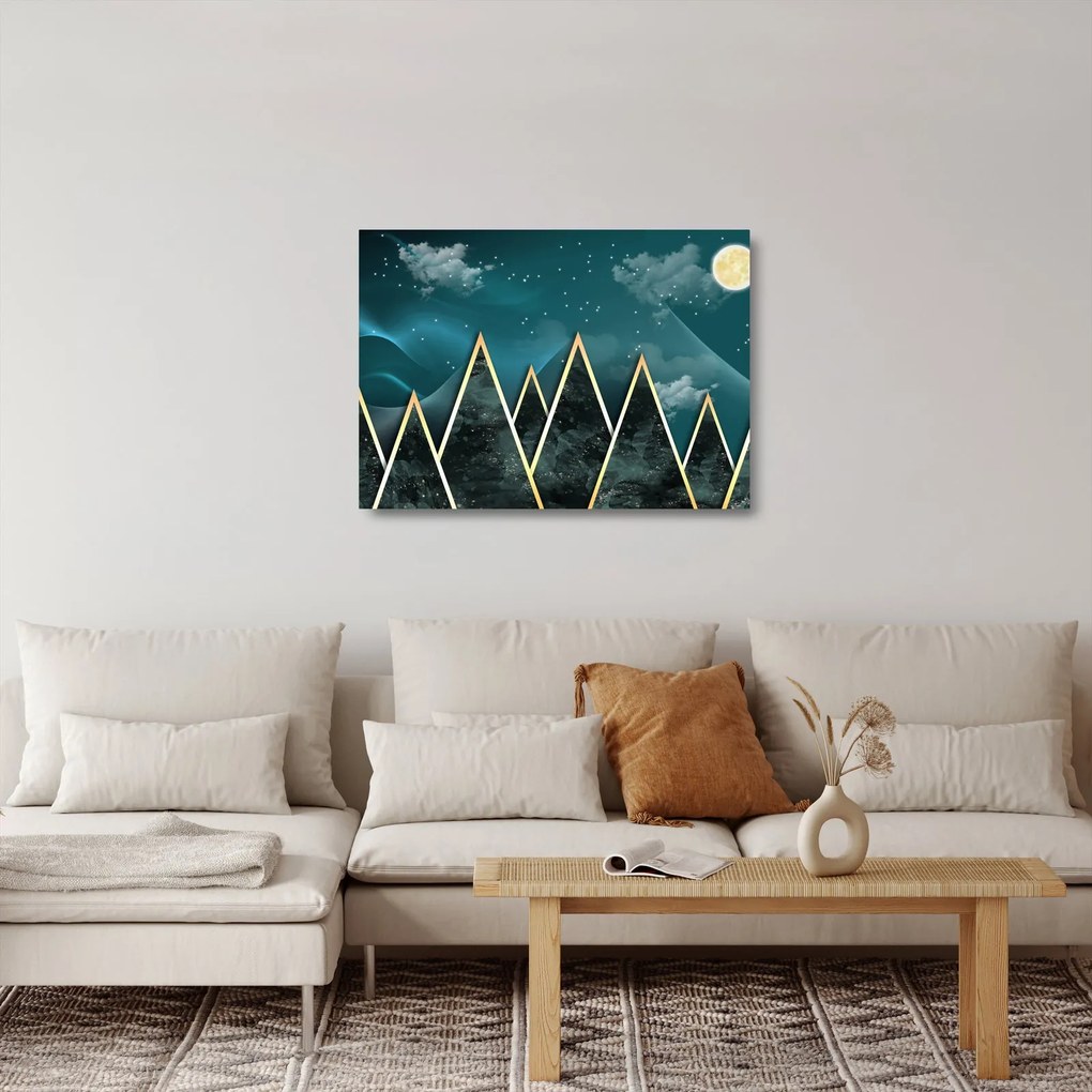 Tablou pe sticlă - Lună plină deasupra munțiilor aurii (70x50 cm)