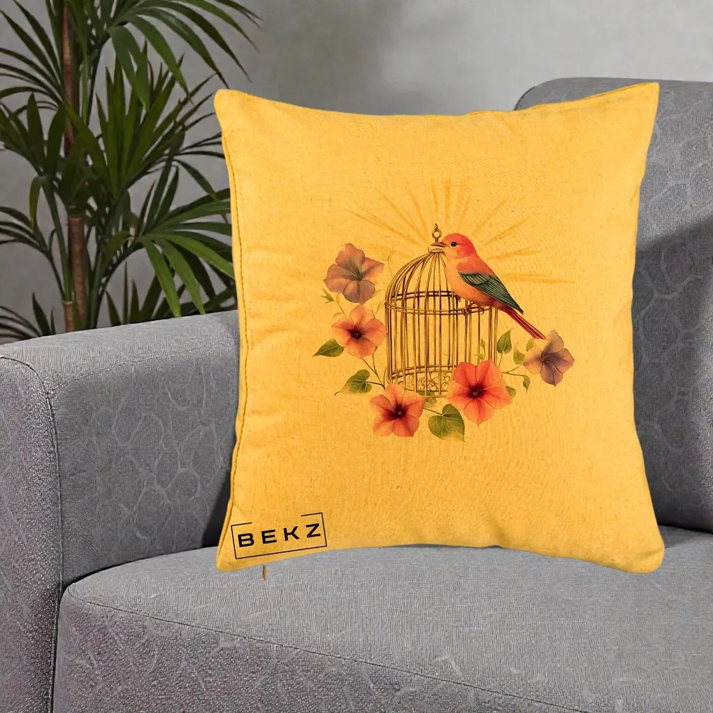 Perna Decorativa Pasare Roz pe Colivie Aurie cu Flori, 40x40 cm, Galben, Husa Detasabila, Perna Inclusa, BEKZ®