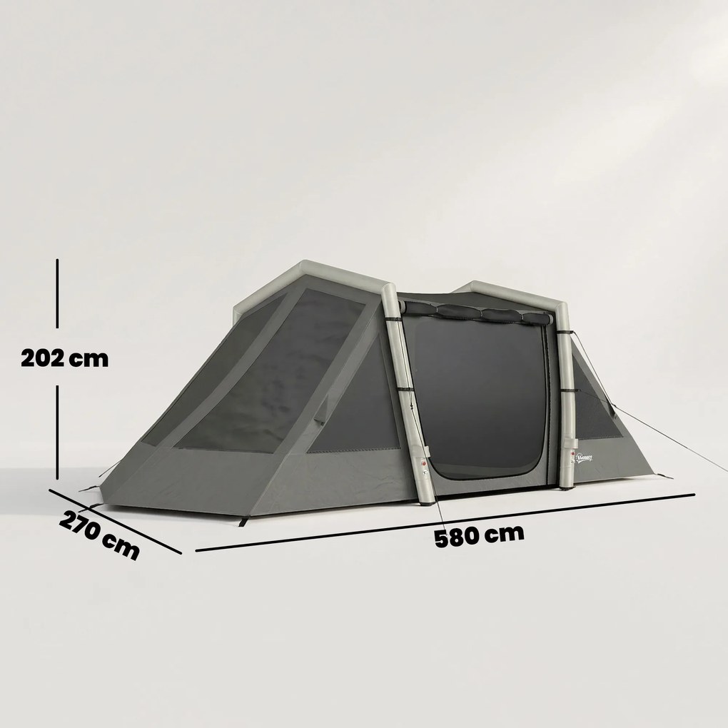 Outsunny Cort Gonflabil de Camping 4 Persoane Blackout Cort cu Aer 5,8m Lungime 2 Dormitoare și Zonă de Zi 580x270x202cm Gri Închis | Aosom Romania