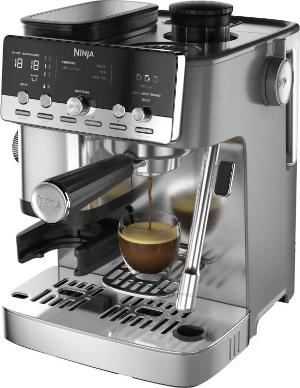 Espressor manual cu rasnita Ninja Luxe Café Mini ES352EU, 1650 W, 9 bar, 250 g, 1,3 l, Barista Assist, 3 setari pentru spumare, 6 tipuri de espresso,Otel inoxidabil
