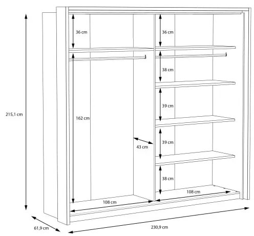 Dulap Delice Gri Wolfram Uni Si Stejar Negru, 230 Cm