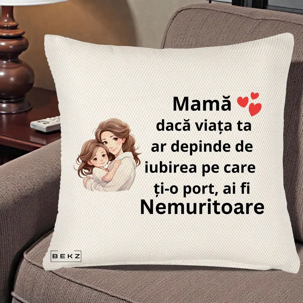 Cadou pentru Mama - Perna Personalizata Mama Nemuritoare cu Balon Inima, 40x40 cm, Crem Reliefat, Husa Detasabila, Perna Inclusa, BEKZ®