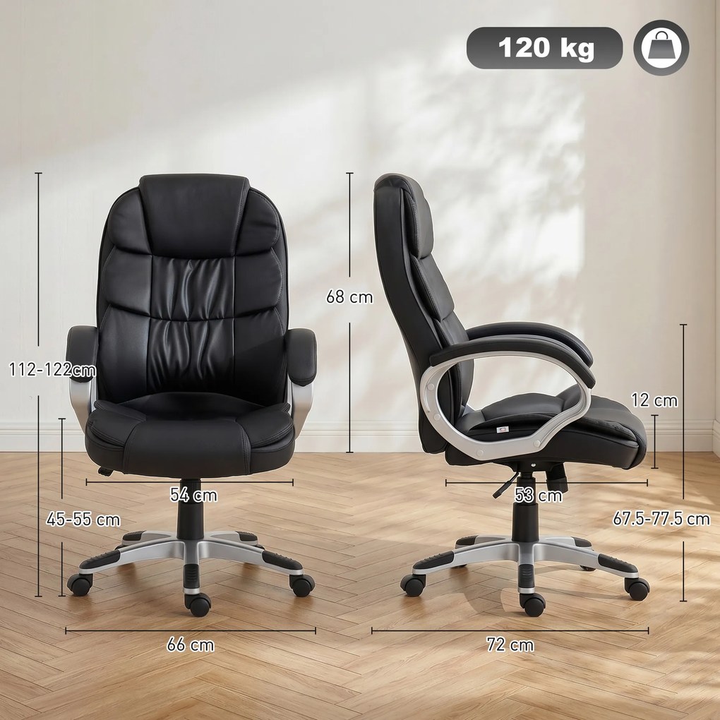 HOMCOM Scaun Birou Ergonomic Rotativ din Piele PU, Funcție Legănare, Înălțime Reglabilă, Capacitate 120kg, Negru | Aosom Romania