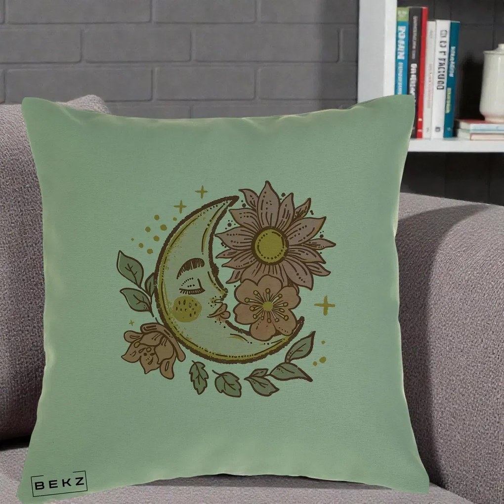 Perna Personalizata Luna Boho Chip Floral, 40x40 cm, Verde, Husa Detasabila, Perna Inclusa, BEKZ®