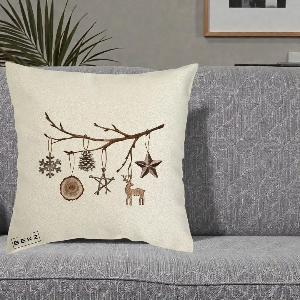 Perna Decorativa Ornamente de Lemn pe Ramura, 40x40 cm, Ecru, Husa Detasabila, Perna Inclusa, BEKZ®