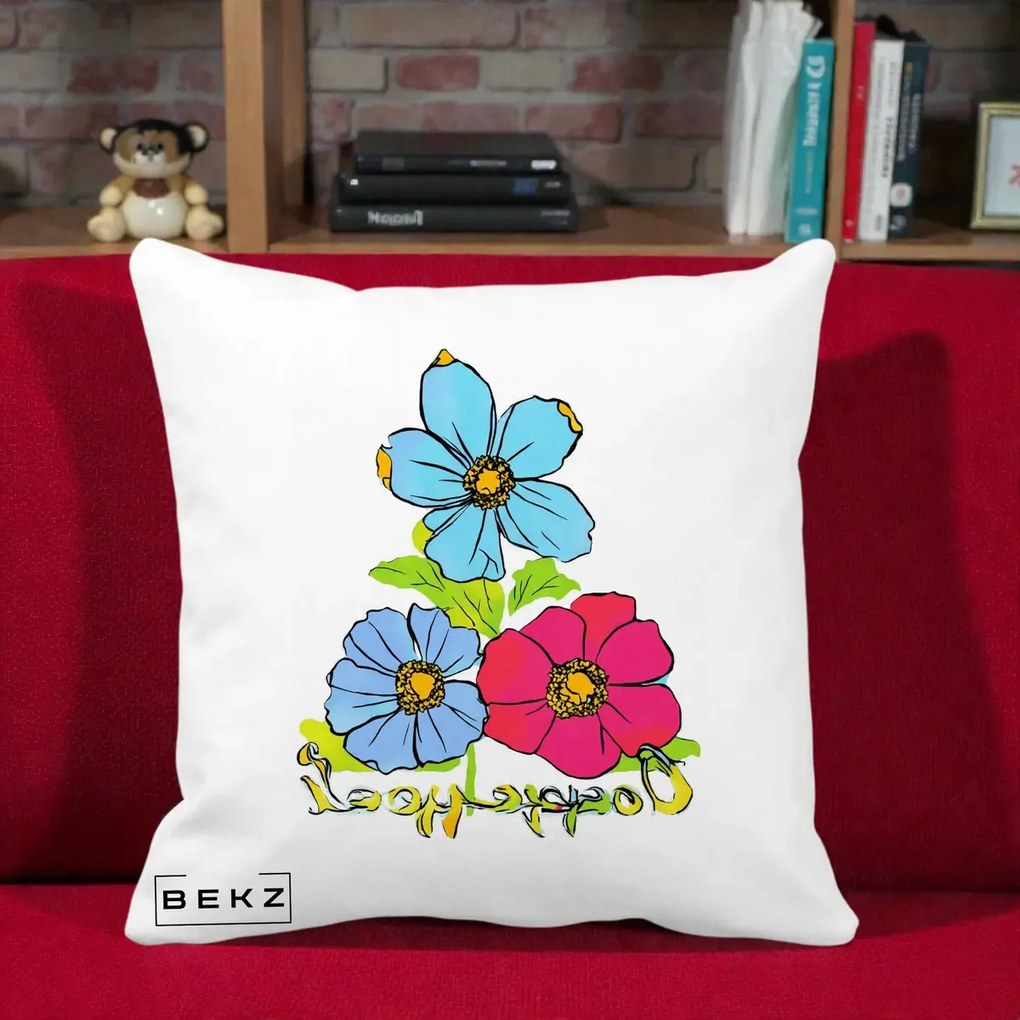 Perna Decorativa Trei Flori Grafice Pop Art, 40x40 cm, Alba Mata, Husa Detasabila, Perna Inclusa, BEKZ®