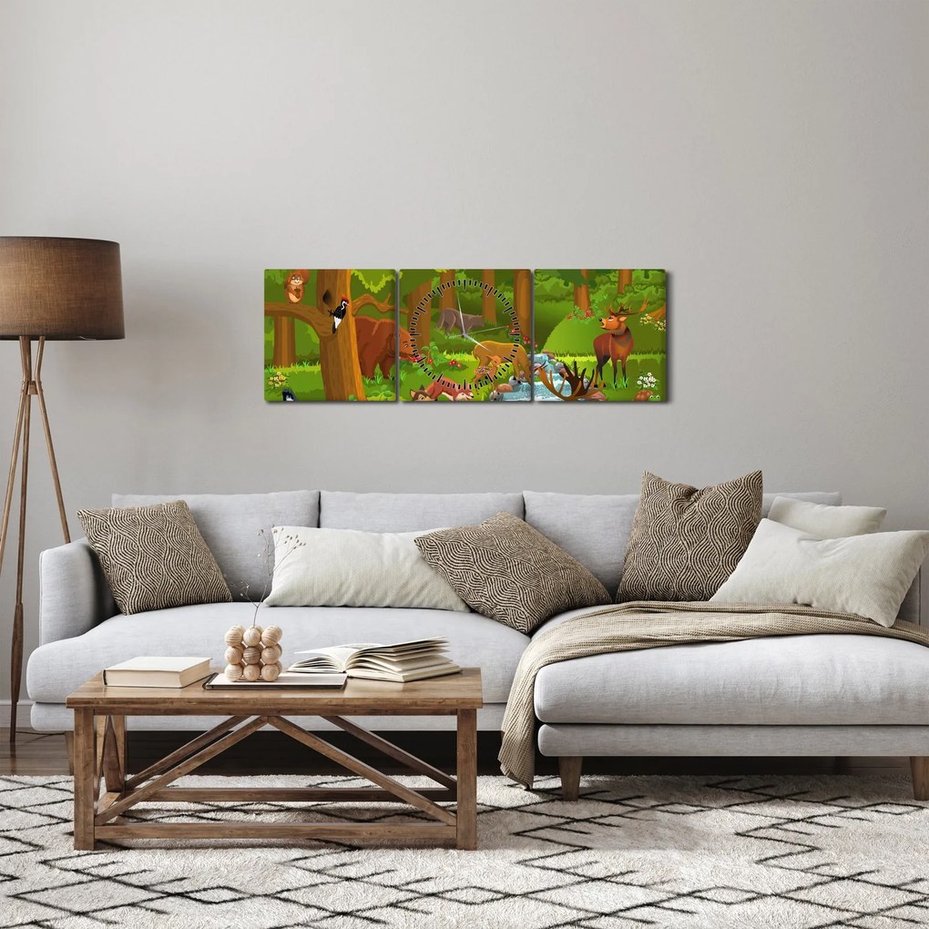 Tablou pentru copii cu animale (cu ceas) (90x30 cm)