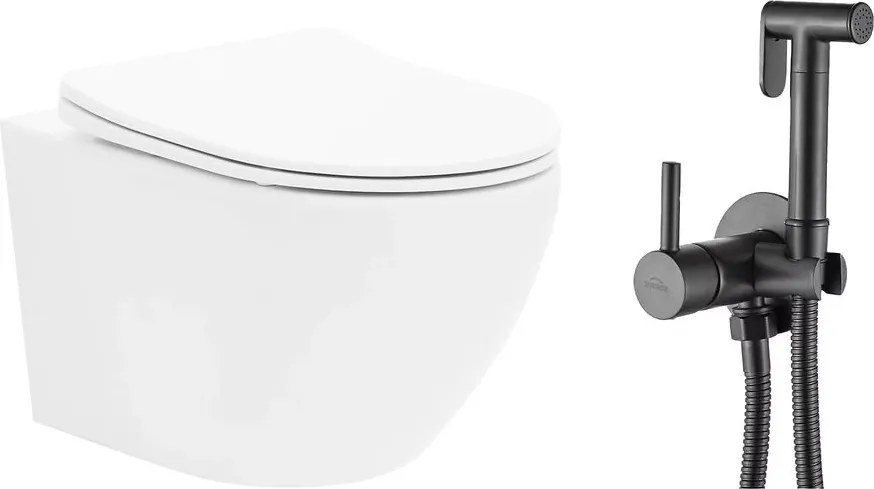 Pachet vas wc suspendat Rea Carlo Mini Basic, capac softclose si set dus igiena intima negru cu baterie incastrata Invena Bidetta